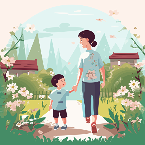 Chinese illustration, Mother's day poster, flat illustration, a little boy is holding flowers behind his back and ready to give it to his mother, the boy is wearing short sleeves and shorts, the mother is wearing a short sleeve skirt, smiling and looking into the distance, the flowers and green leaves in the foreground are very bright, flowers, the road , there are houses in the middle ground, blue sky and white clouds in the background, bright colors, high saturation, outline light, glare, blue tone, warm and bright, colorful, Al vector illustration, high quality, illustration, high definition