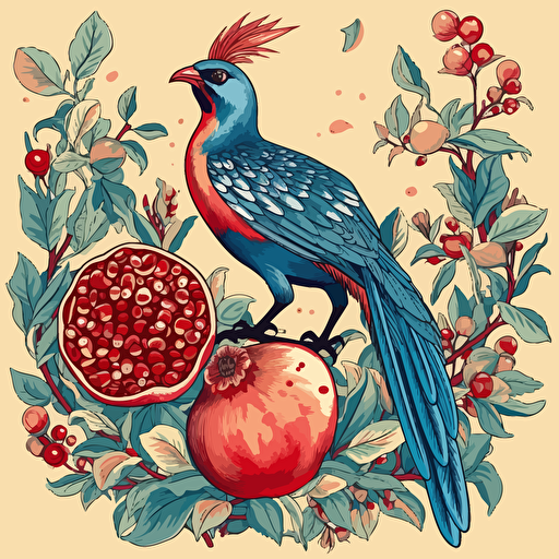 a bird on a pomegranate branch with fruits, vector style, by Namasri Niumim