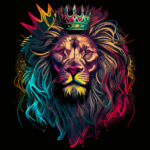 a ferocious lion with a big mane wearing a crown, chicano style graffiti , neon colors, vector