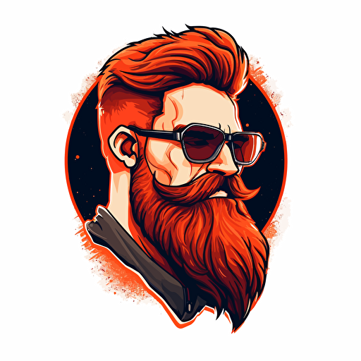 trimmed red beard man, with glasses, short hair, looking aside, logo, rounded, vector, gaming theme