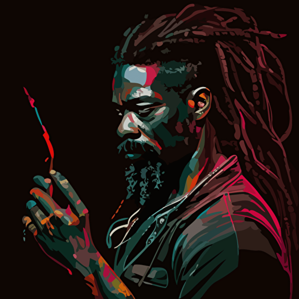 vector, Pen & ink, vibrant concept art, black male, long dreadlocks, mustach, goatee, holding a paintbrush working painting, black background