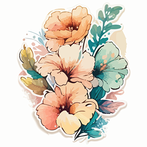 water color style flowers, Sticker, Lovely, Pastel, Disney, Contour, Vector, White Background, Detailed