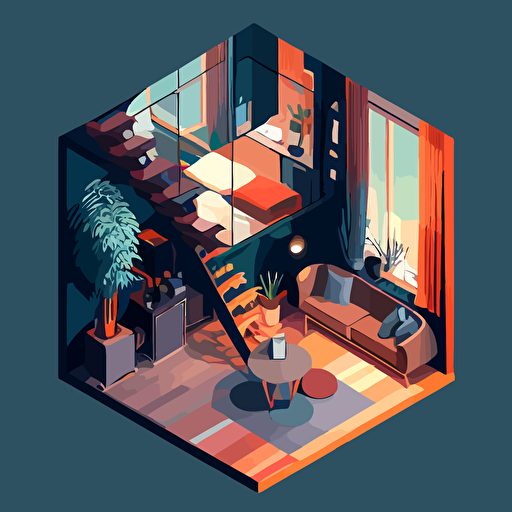 flat design 2d illustration vector 6 colors small apartment mezzanine with giant mirror living room