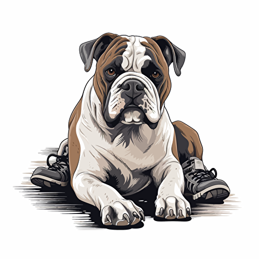 vector logo of American Bulldog sitting. He is seated next to a pair of running shoes. He looks happy. Black, white, and grayscale. Extra sharp detail.