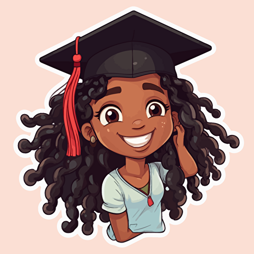 happy black girl, dreadlocks, graduation cap, vector art, sticker style, kawaii style