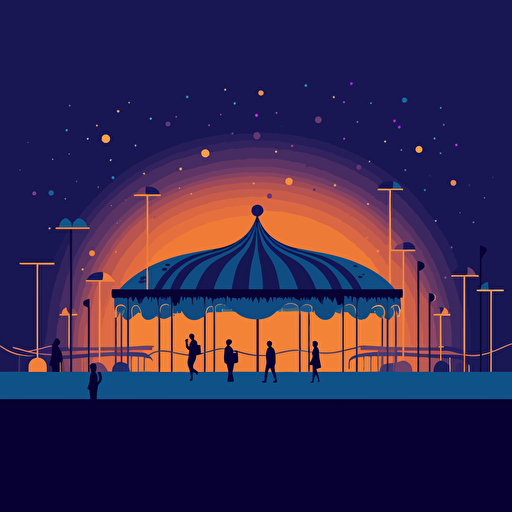simple flat illustration of a fairgrounds at night with a few people, limit 5 colors, minimalist vector drawing