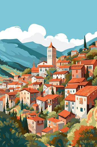 flat vector drawing, svg, a picturesque village in Turkey ::5 very detailed, intricate turkish ethnic pattern, embroidery ::1