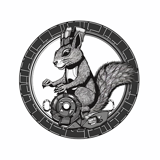 cyber punk, black squirrel, inside a bicycle rim and tire, logo, white background, vector style, grey tones