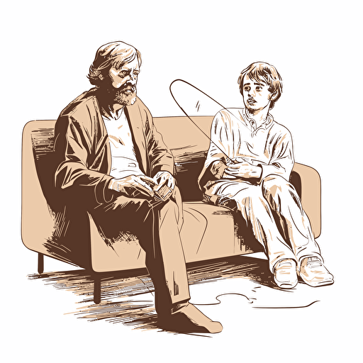 luke skywalker on a couch with light saber, luke skywalker being questioned by a psychiatrist vector drawing white background