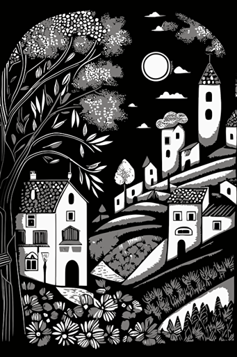 svg vector drawing, doodle style, detailed sharp artwork, A picturesque spring village in Italy black and white, maximalist art style, by Karla Gerard, Periwinkle