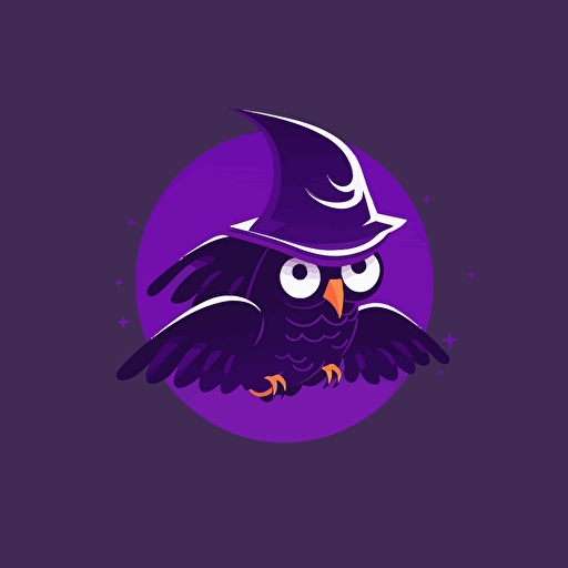 a vector logo silhouette illustration of a flying owl wizard in a wizard hat, tech product logo, low detail, simplistic, playful style, dribbble, expensive, premium, purple, magic wand