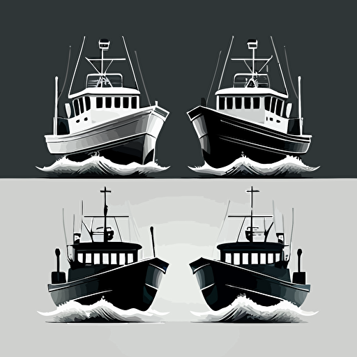 design fishing ship variations from front view, icon, vector, minimalist, monochromatic
