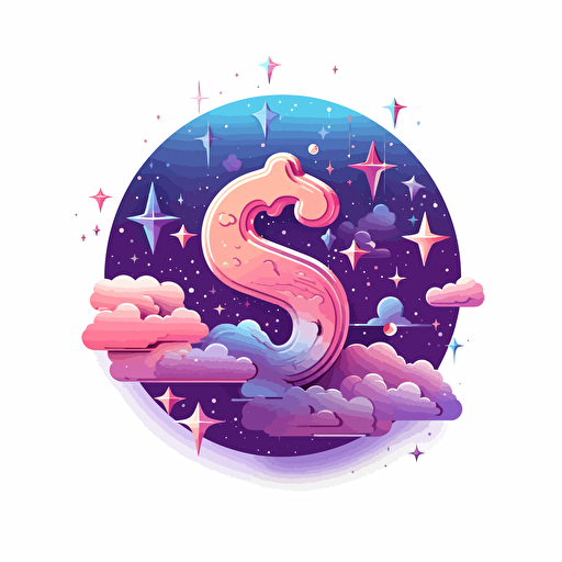 vector logo with clouds and stars, purple and pink colors, tiny letter s in bubble