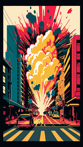 a manga style poster cover with big explosion breaking out of a frame, vibrant colours, skyscraper billboard, simple vector illustration