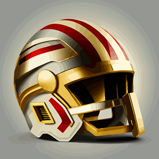 a vector gold football helmet with red and white stripes down the center of the helmet and a grey facemask. Have the helet centered in the middle of the image. Merge some sci-fi elements into 20 percent of the the design of the helmet.