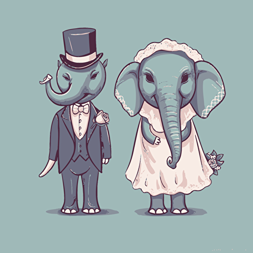 Vector art of an elephant dressed as bride standing next to and an elephant dressed as a groom, in the style of Britta Teckentrup illustrations, cute