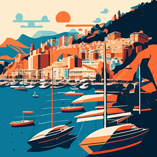 vector image of Monaco harbour, lined with yachts, using only orange and blue colours, simple cartoon style shading, very simple, blue skies, hill, grand prix