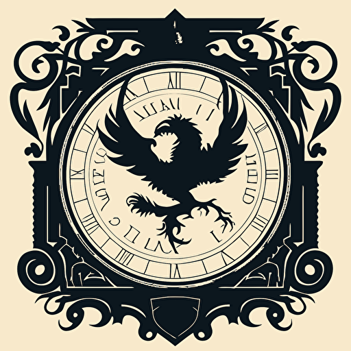 a vector type image of a square shaped ornate clock face with spandrels in the corners. In each spandrel there is an image representing a Hogwarts House. The upper left spandrel has the silhouette of a lion. The upper right spandrel has a silhouette of an eagle. The bottom left spandrel has the silhouette of a snake. The bottom right spandrel has a silhouette of a badger.