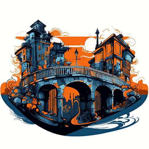 a vector image of a community building a bridge, blue and orange and dark gray, graffiti style