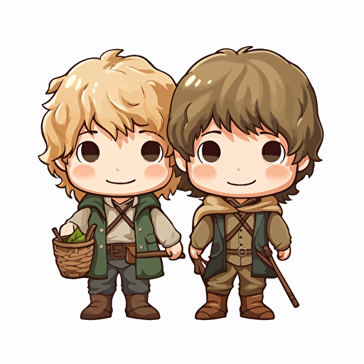 Vector image of a chibi style Merry and Pippin, from The Lord Of The Rings, cute and adorable. They are barefeet and they are NOT wearing boots or socks.