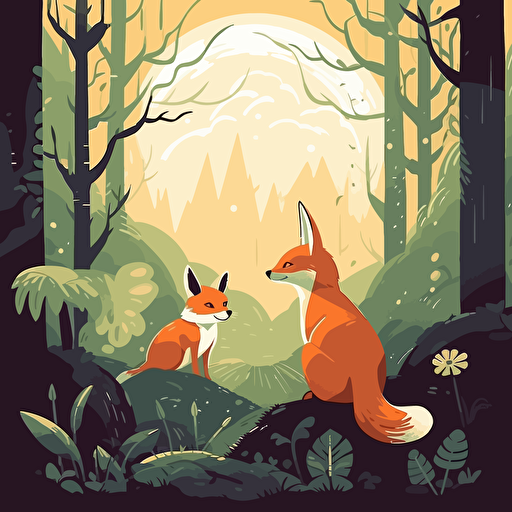 a flat illustration of a fox and rabbit in a forest by killian eng, adobe illustrator, vector, poster
