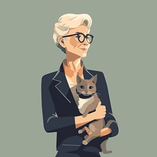 vector art style, 62 year old female tech executive, holding a cat, in the style of Micheal Parks
