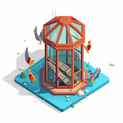 isometric cartoon vector image of a broken aviary cage with no birds inside, transparent background