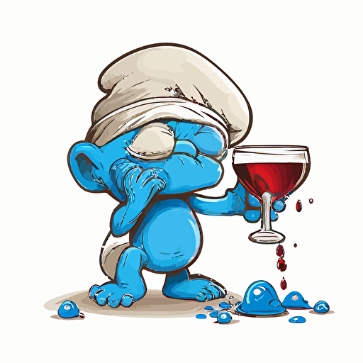 funny smurf drinking liquor, eyes open, illustration, vector, background white, no text