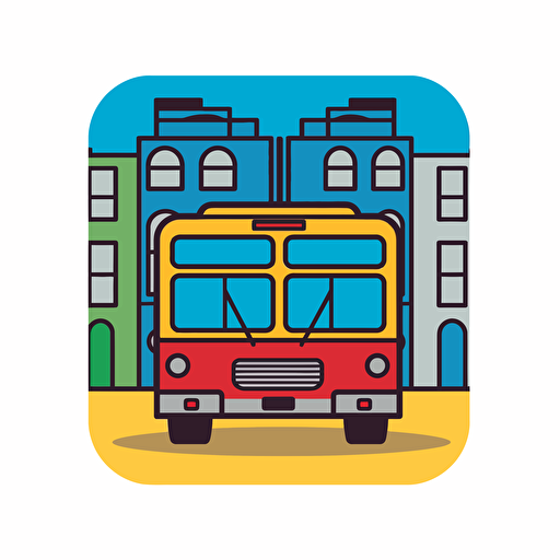 a basic city themed card back design with a tour bus on it in a symmetrical design, fun primary colours with a vector art style