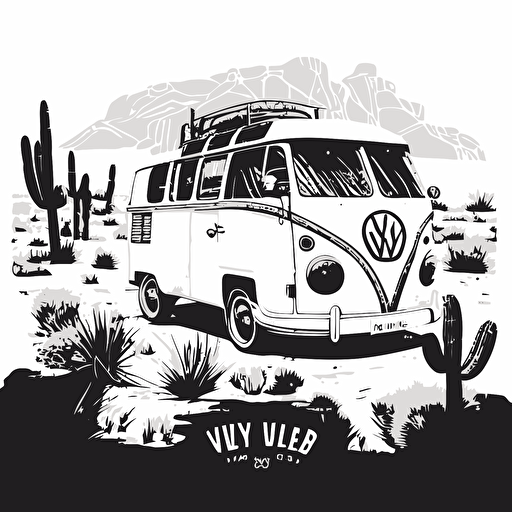 modern minimalist logo of vw bus, black and white sketch style, vector, low detail, driving in desert