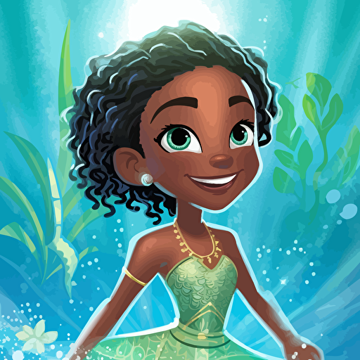 a little black girl mermaid age 7, she has a swim suit top and a fish tail on the bottom half of her body, she has her hair braided with beads, she is facing the viewer, her fish tail body is blueish green, the background is a very light blue, there are rays of light shining from above, there are cartoon style fish smiling and looking at her, illustration disney style, adobe illustrator, vector