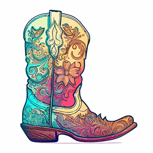 neon biright colored cute patterned cowgirl boots in doodle style drawing on a white background flat vector drawing