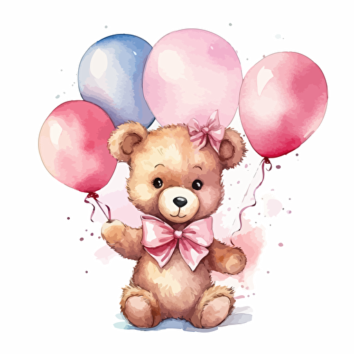 cute teddybear wearing pink bow and holding pnik and gold balloons, watercolor, detailed, vector