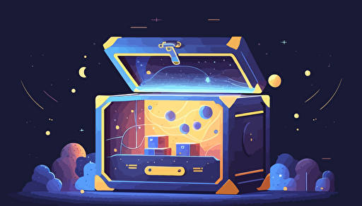 "Amid the lively atmosphere of a digital exchange, a distinctive digital treasure chest stands unwavering, decorated with rich patterns and colors, tightly enveloped by an aura of ownership and security, with digits and symbols intertwining into a sparkling starry sky, highlighting the unique position of NFTs in the blockchain trading ecosystem. Flat illustration, UI illustration, GUI, Minimalism, dark background, vector, trending on Dribbble, Pinterest