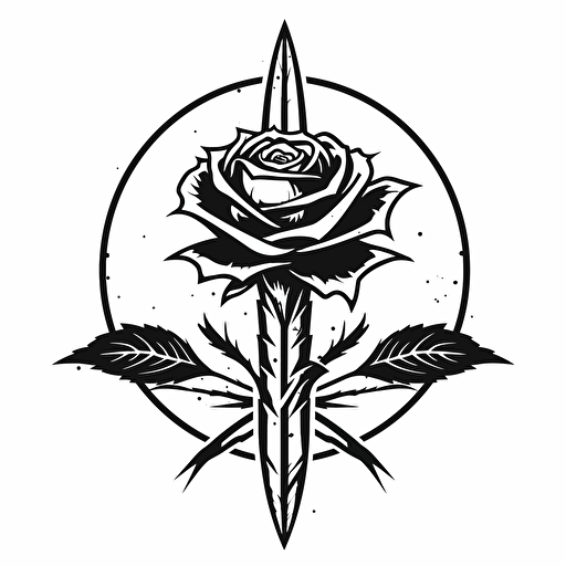 minimal vector art sigil of a rose and a blade, sharp, simple design, black on white backdrop