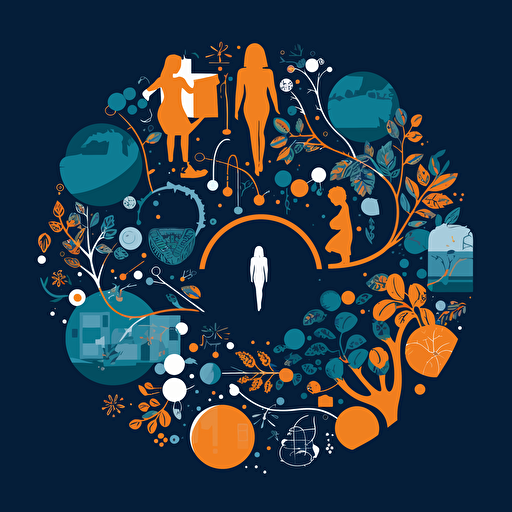 A picture that symbolize future, experiential sustainability, learning, Vector Syle, dark background, blue, white, orange