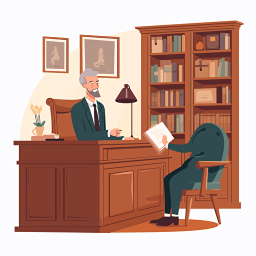 a front shot vector modern illustration of a notary public sitting on a leather chair signing a contract on a big wooden old desk in his parisian office