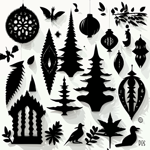 set of vector illustration of black silhouettes of different christmas ornaments, white background