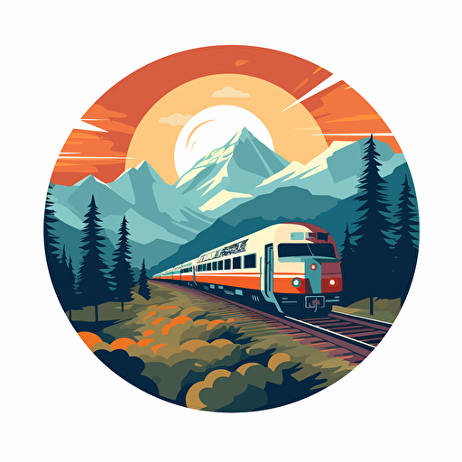 simple vector art of train passing by, trees, sun and mountains behind the train, railroad
