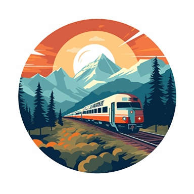 simple vector art of train passing by, trees, sun and mountains behind the train, railroad