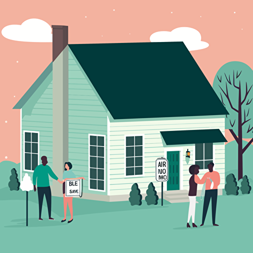vector image of a new home with the buyers in the yard taking out the for sale sign