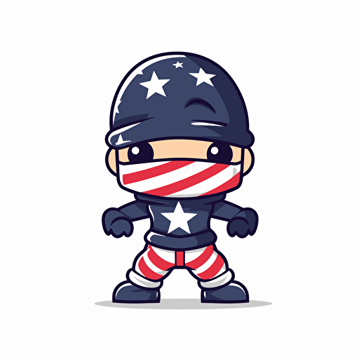vector illustration for a sticker, of a cartoon-style ninja with a fit body. his clothing is colored in the stars and stripes of the american flag. on white background