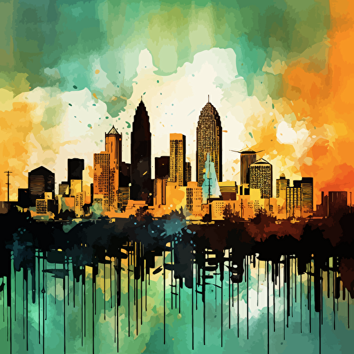 uptown Charlotte North Carolina skyline abstract watercolor painting by nick manley, in the style of digital gradient blends, simplistic vector art, etam cru, dark emerald and amber, splattered/dripped, ai weiwei, horizons