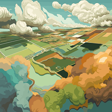 farmland from above, perspective, vector art, blues, greens, browns, oranges, clouds in the sky