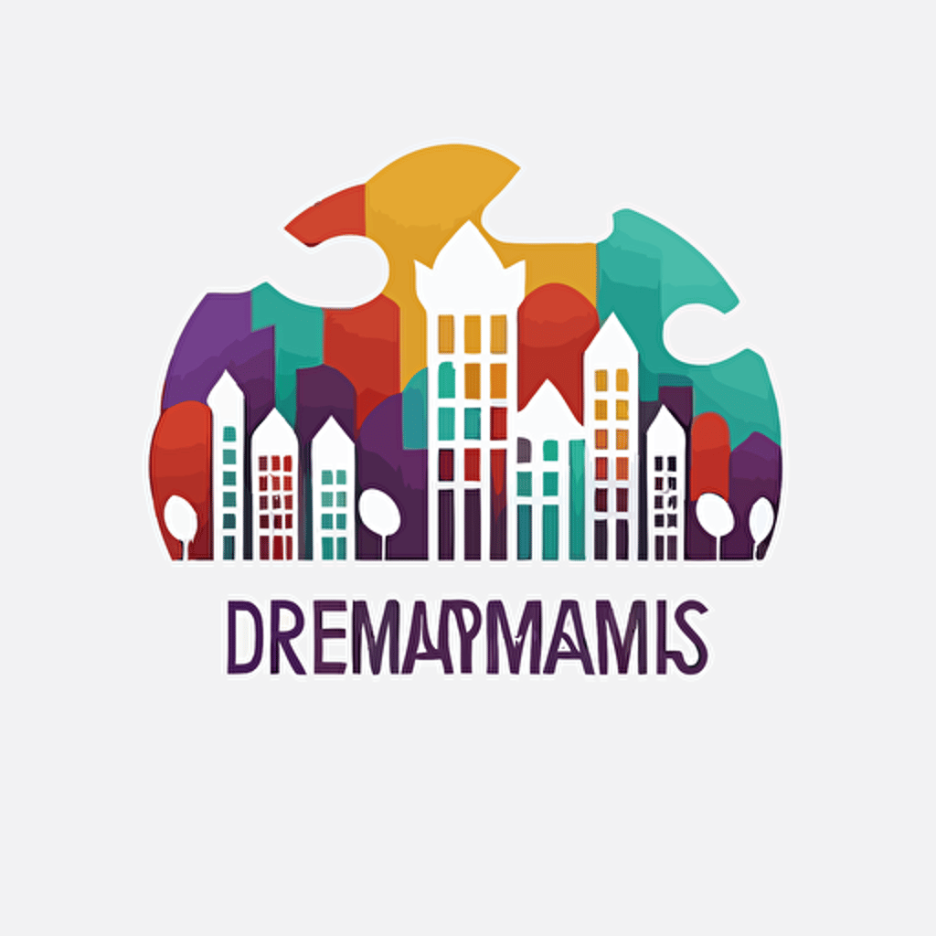 simple flat "downtown dreamscapes" logo, white background, vector style