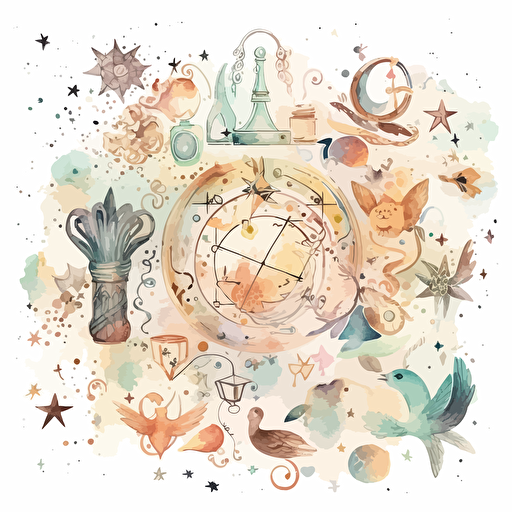 alchemy and astrology symbols, galaxy, whimsical dreamy style, muted colors vector digital painting, white background