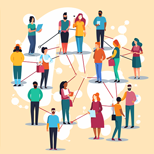 vector art of people connecting with eachother, both online as offline. Many different types of people. Fresh, happy colors.