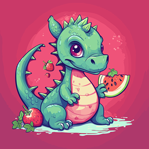 cute dragon with a watermelon, cartoon, vector style