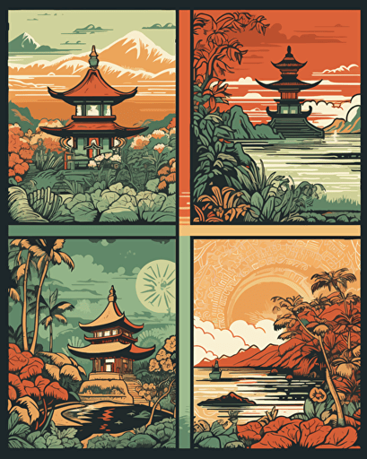 bali, retro aesthetics, vector image, sticker design, pantone color scheme: 12-1706 TCX, 12-0824 TCX, 15-0146 TCX, 15-1164 TCX, 16-6340 TCX, 17-4247 TCX, 18-2043 TCX, 19-6026 TCX. The final piece should exude a warm, holiday-like ambiance.