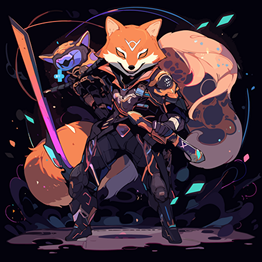 Create an image of a massive battle between two different states shiba inu cyber punk and fox dark shiba inu outfit battle, galaxy explose, anime background, vector, greekpunk, marvel style